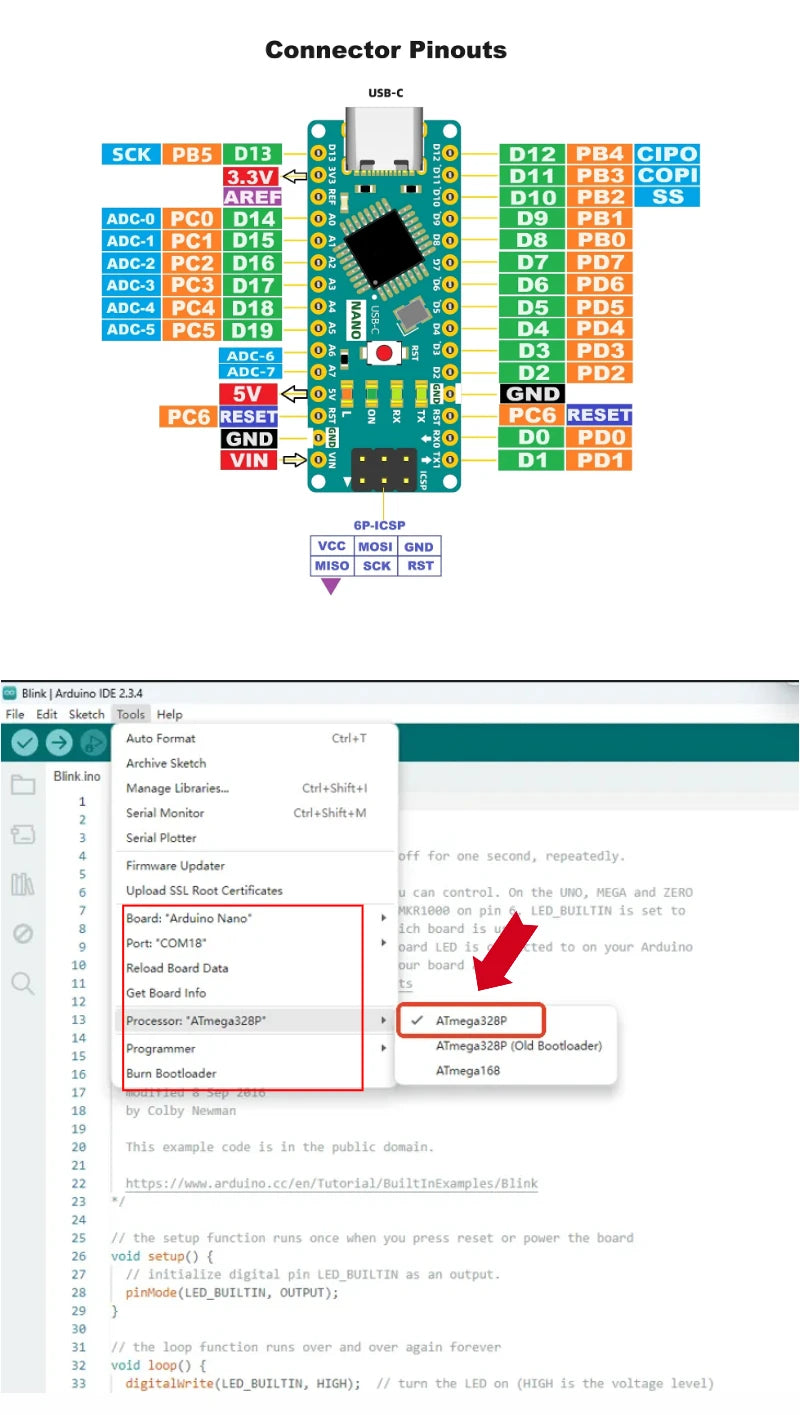 Arduino Nano 3.0 Compatible Development Board -Type-C-ATmega328PB MCU, CH340C Driver, High-Quality Replacement Model ! N00010