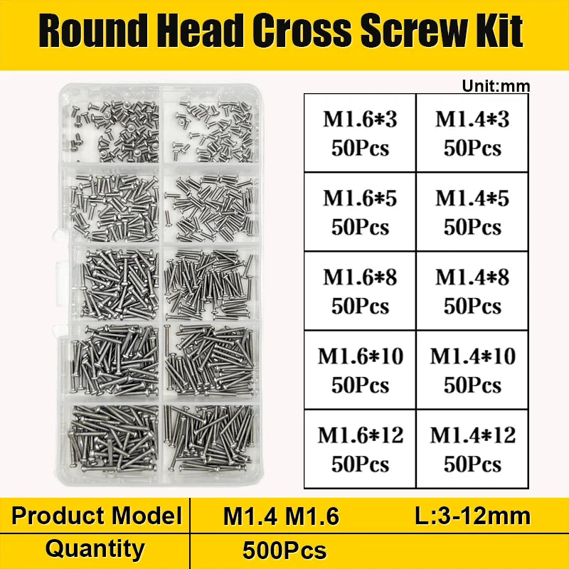 500/320pcs 304 Stainless Steel Cross Round Pan Head Phillips Machine Screw Button Head Cap Cross Bolt M1 M1.2 M1.4 M1.6 M2.5 M3