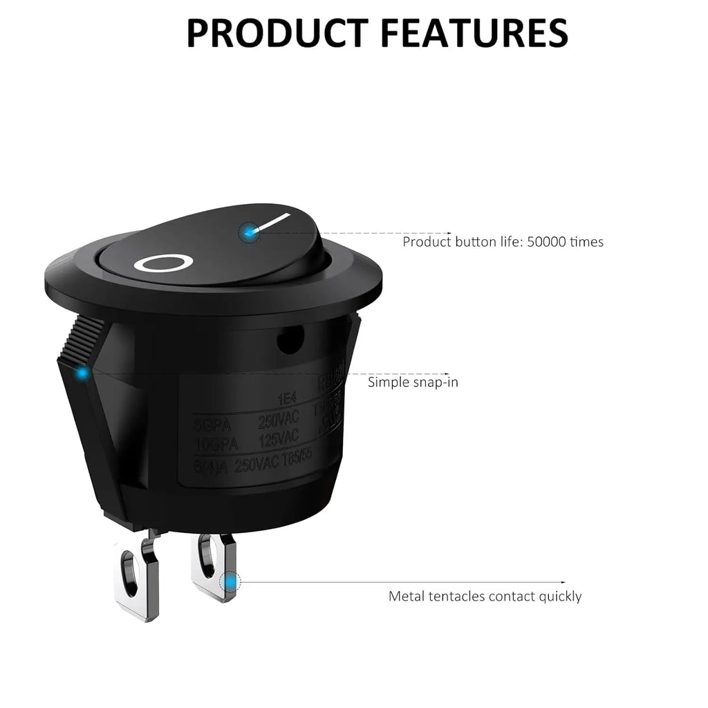 20pcs 10pcs Rocker Switch Black On Off 2 Pin Mini Round Toggle Switch 3A 250V 6A 125V 15MM Circle Switches for RV Car Truck Boat
