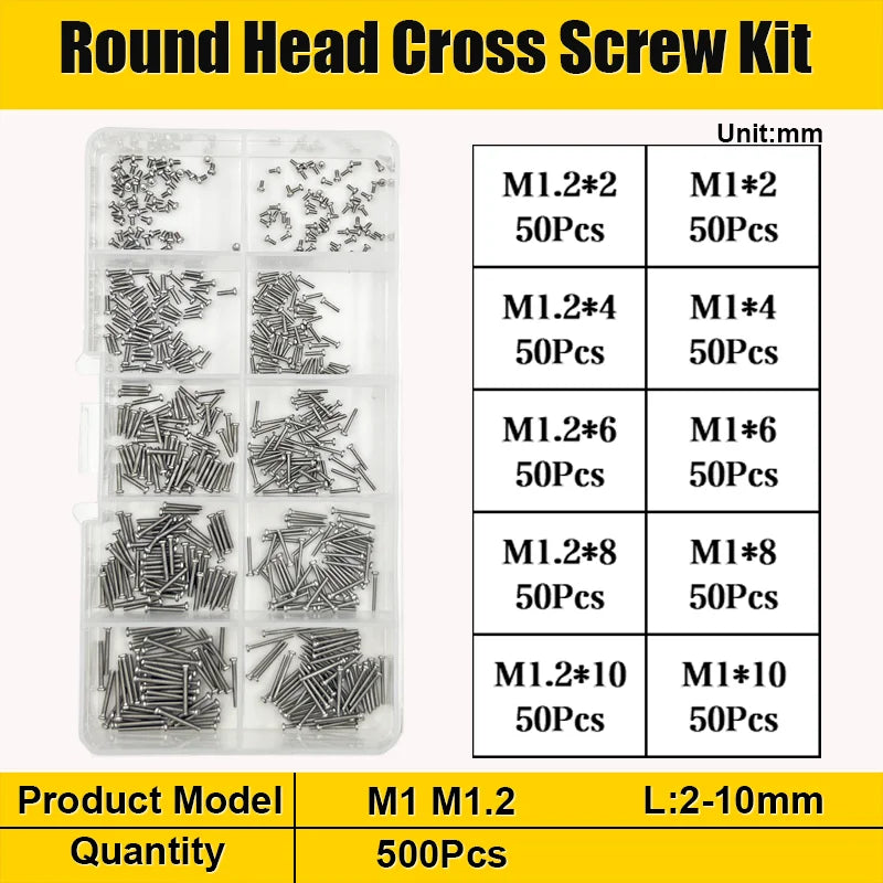 500/320pcs 304 Stainless Steel Cross Round Pan Head Phillips Machine Screw Button Head Cap Cross Bolt M1 M1.2 M1.4 M1.6 M2.5 M3