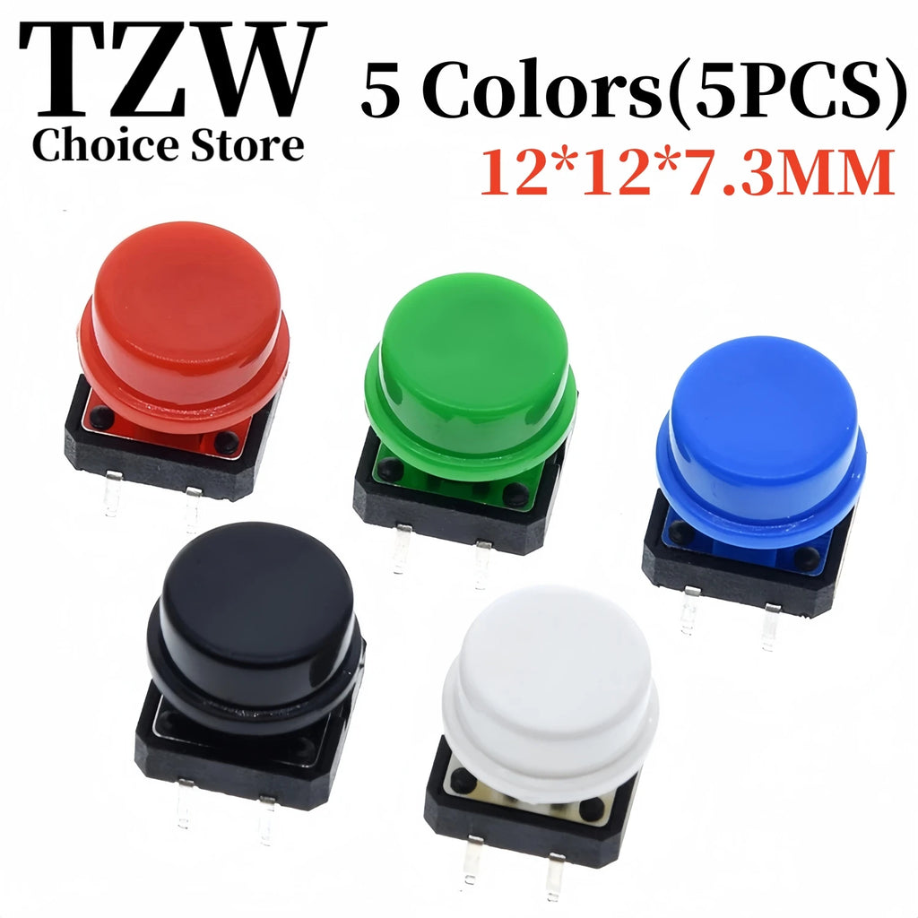 5PCS Tactile Push Button Switch Momentary 12*12*7.3MM Micro switch button + 5PCS Tact Cap(5 colors) for Arduino Switch