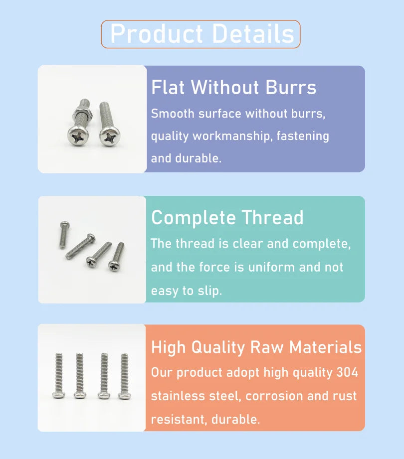 500/320pcs 304 Stainless Steel Cross Round Pan Head Phillips Machine Screw Button Head Cap Cross Bolt M1 M1.2 M1.4 M1.6 M2.5 M3
